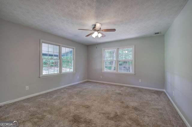 empty room with a textured ceiling, a wealth of natural light, carpet, and ceiling fan