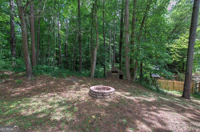 view of yard featuring an outdoor fireplace and an outdoor fire pit