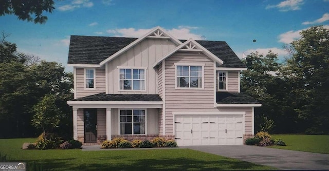 craftsman inspired home featuring a front yard, driveway, an attached garage, and board and batten siding