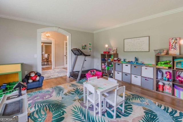 rec room featuring hardwood / wood-style flooring and crown molding