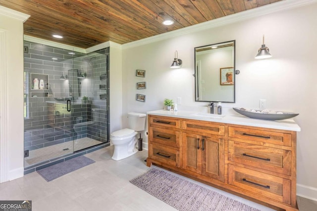 bathroom featuring tile patterned floors, double sink vanity, walk in shower, toilet, and wood ceiling