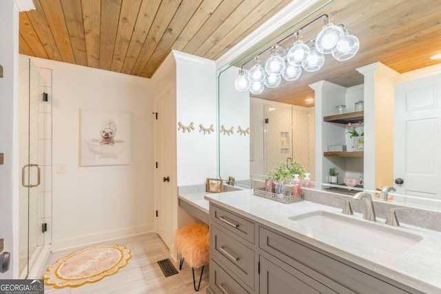 bathroom with ornamental molding, vanity, an enclosed shower, and wood ceiling