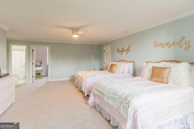 bedroom with carpet floors, ceiling fan, and ornamental molding