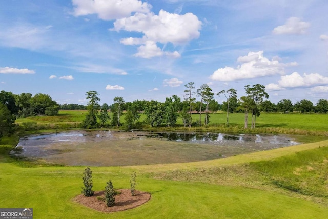 view of community featuring a water view and a lawn