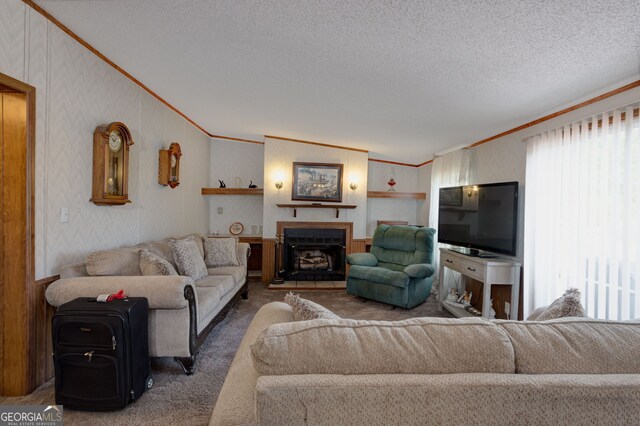 carpeted living room with crown molding and a textured ceiling