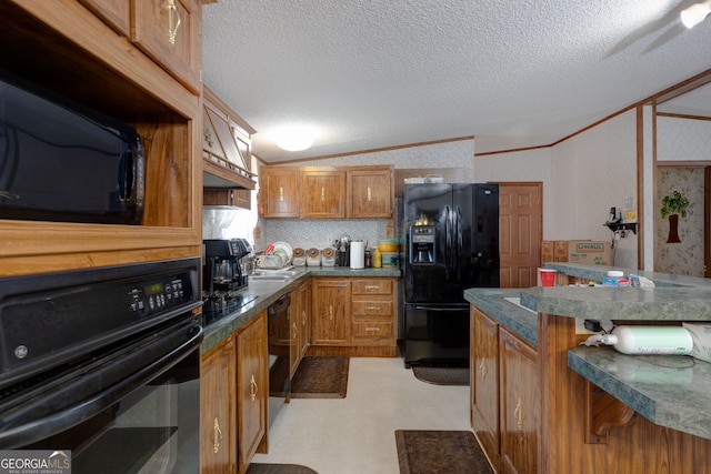 kitchen featuring ornamental molding, vaulted ceiling, a textured ceiling, and black appliances