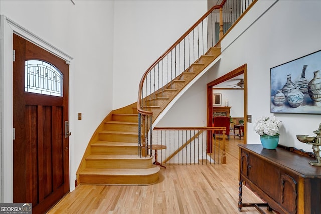 entrance foyer featuring light hardwood / wood-style floors and a high ceiling