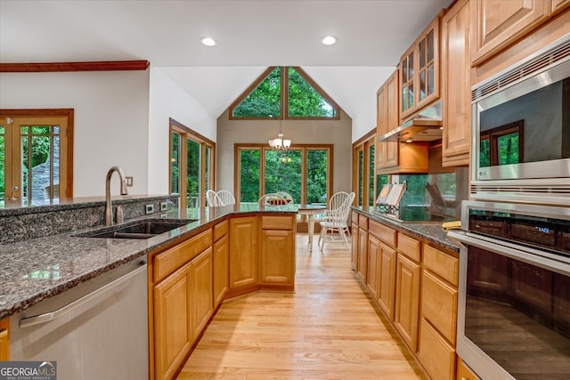 kitchen featuring dark stone countertops, sink, appliances with stainless steel finishes, and light hardwood / wood-style floors