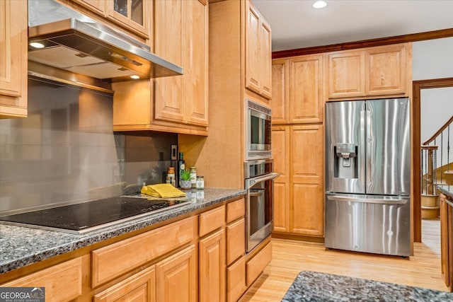 kitchen with dark stone counters, light wood-type flooring, and stainless steel appliances