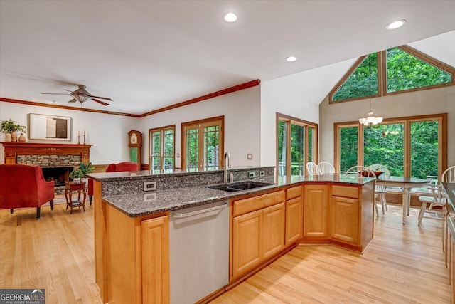 kitchen featuring a fireplace, ceiling fan with notable chandelier, light wood-type flooring, and stainless steel dishwasher