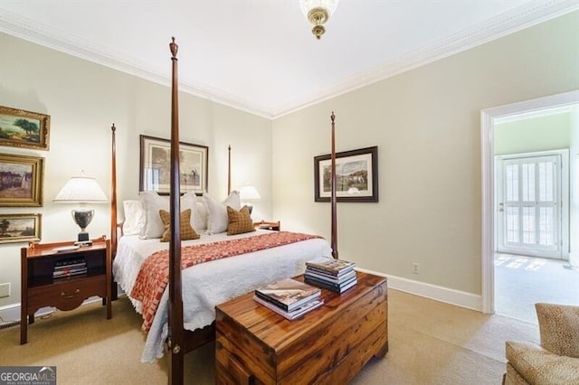 carpeted bedroom featuring crown molding