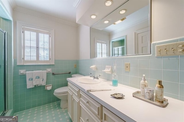 71 Taff Rd, Taylorsville, GA 30178 - full bathroom with healthy amount of natural light, a shower with shower door, crown molding, toilet, and vanity
