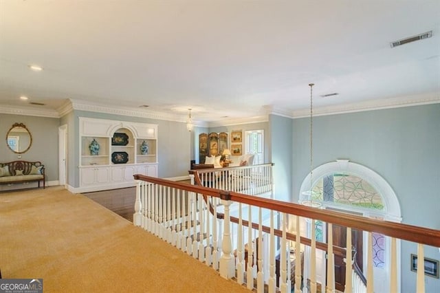 71 Taff Rd, Taylorsville, GA 30178 - hall with an upstairs landing, crown molding, recessed lighting, carpet, and baseboards