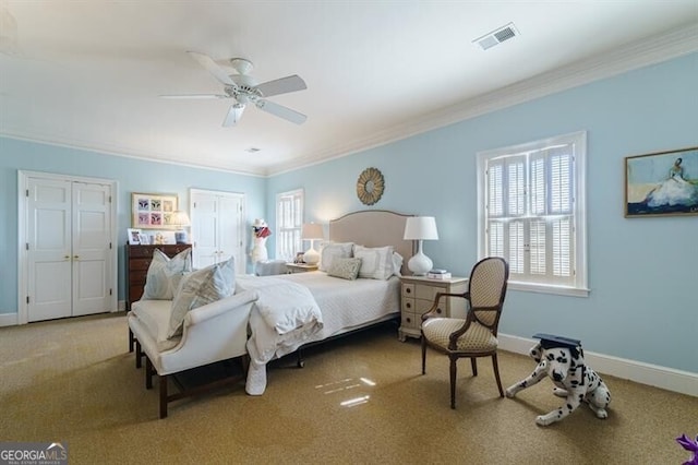 bedroom featuring carpet floors, multiple windows, and ceiling fan