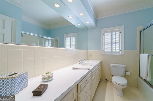 full bathroom with tasteful backsplash, tile walls, tile patterned flooring, toilet, and vanity