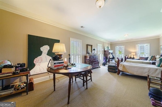 bedroom with carpet and ornamental molding