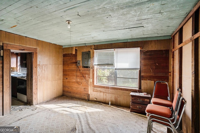 interior space featuring wood walls and electric panel