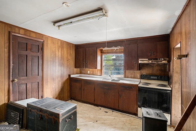 kitchen with sink, wooden walls, and white range with electric cooktop