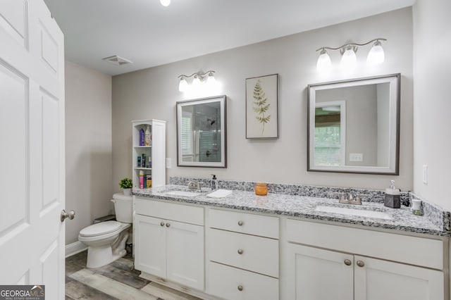 bathroom featuring hardwood / wood-style flooring, vanity, and toilet