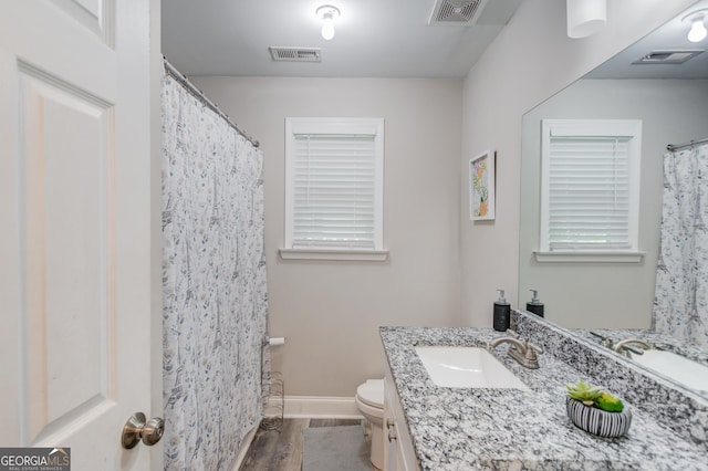 bathroom featuring vanity, toilet, and hardwood / wood-style floors