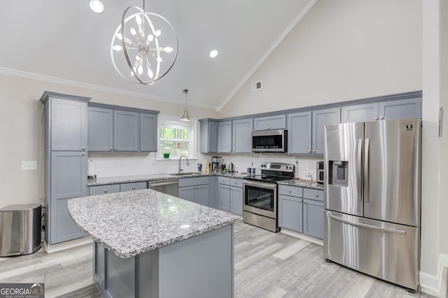 kitchen with pendant lighting, sink, backsplash, stainless steel appliances, and a center island