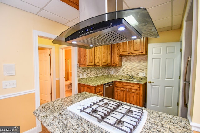 kitchen with stainless steel dishwasher, island range hood, white gas cooktop, and light stone countertops