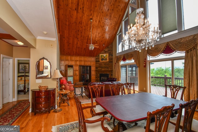 dining room with wood ceiling, high vaulted ceiling, a notable chandelier, wood-type flooring, and ornamental molding