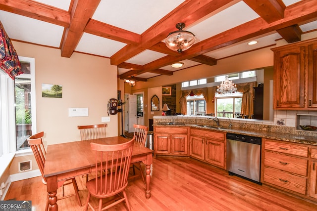 kitchen with coffered ceiling, sink, light wood-type flooring, stainless steel dishwasher, and beamed ceiling