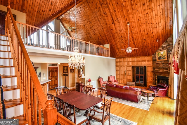 dining room with wood ceiling, beam ceiling, a fireplace, light hardwood / wood-style floors, and ceiling fan with notable chandelier