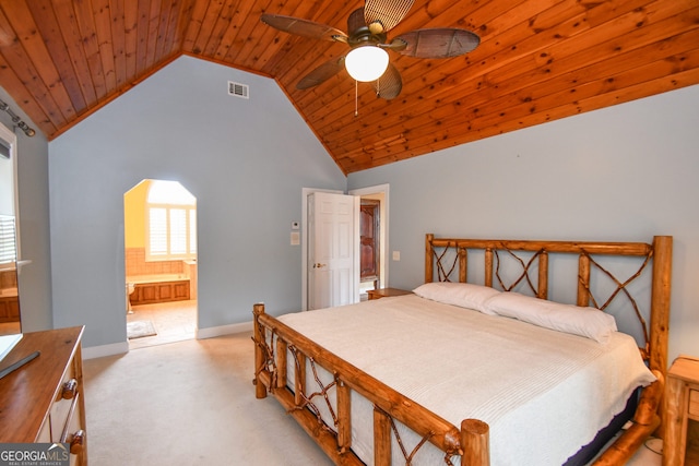 carpeted bedroom featuring wood ceiling, ceiling fan, connected bathroom, and high vaulted ceiling