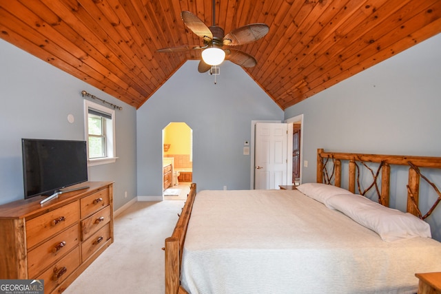 bedroom featuring wood ceiling, ceiling fan, lofted ceiling, and light carpet