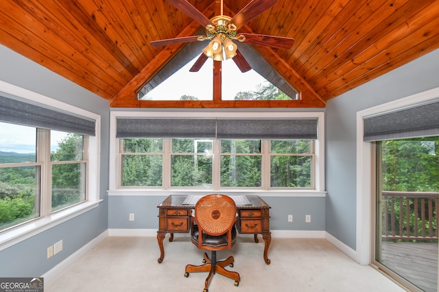 carpeted office space featuring plenty of natural light, lofted ceiling, and wood ceiling