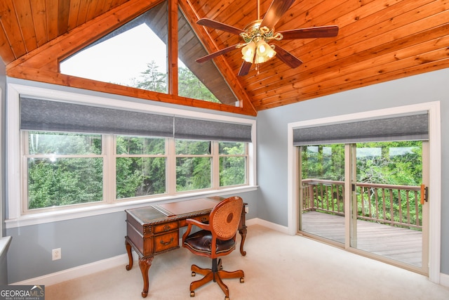 home office featuring light carpet, wood ceiling, vaulted ceiling, and ceiling fan