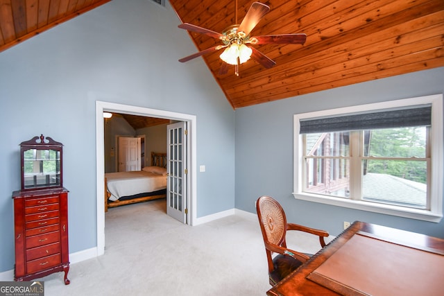 carpeted office space with wood ceiling, ceiling fan, high vaulted ceiling, and french doors