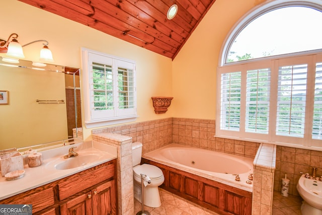 bathroom featuring a bidet, vaulted ceiling, a healthy amount of sunlight, and wood ceiling