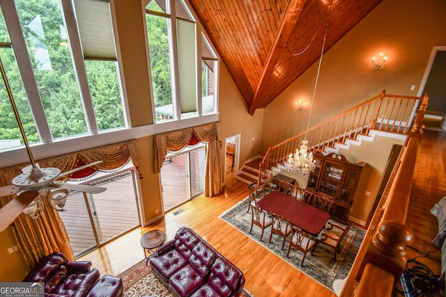 living room featuring wood ceiling, ceiling fan, wood-type flooring, and high vaulted ceiling