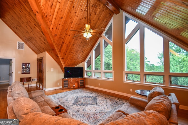 living room featuring hardwood / wood-style flooring, a healthy amount of sunlight, wooden ceiling, and beamed ceiling