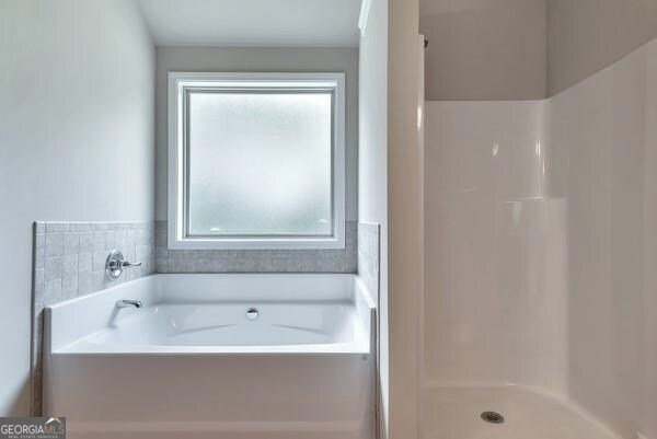 bathroom with separate shower and tub and plenty of natural light