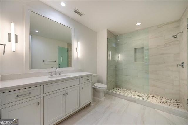 bathroom featuring toilet, vanity, and tiled shower