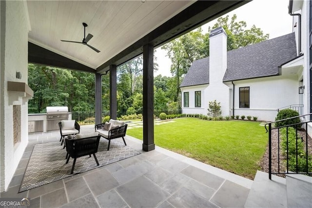 view of patio featuring ceiling fan and area for grilling