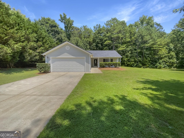 ranch-style home featuring a porch, a garage, and a front yard