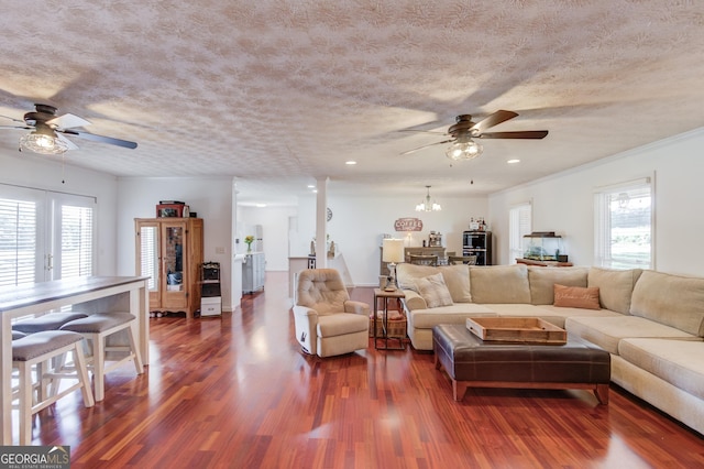 living room featuring ceiling fan with notable chandelier, ornamental molding, dark wood-type flooring, and a textured ceiling