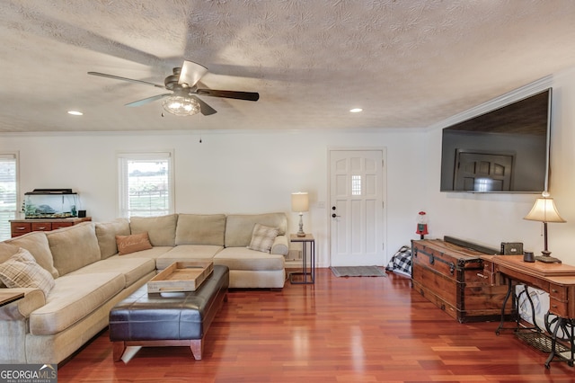 living room featuring ceiling fan, dark wood-type flooring, a textured ceiling, and crown molding