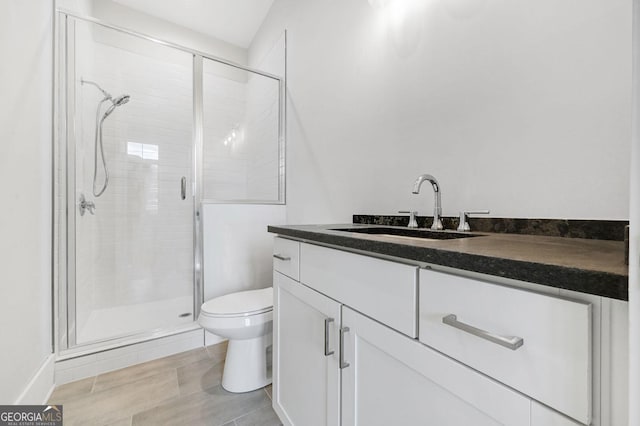 bathroom with vanity, a shower with shower door, and toilet