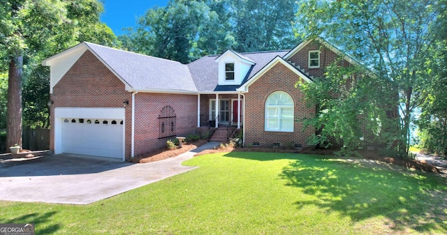 view of front of home with brick siding, a shingled roof, concrete driveway, an attached garage, and a front lawn