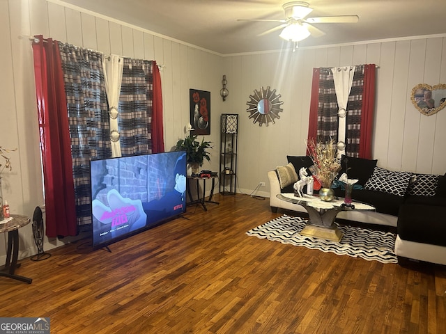 living room with ceiling fan and hardwood / wood-style floors