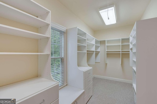 walk in closet featuring light colored carpet