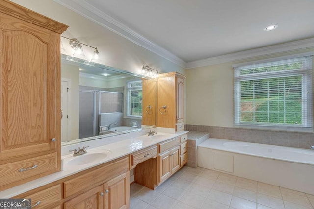 bathroom featuring independent shower and bath, vanity, plenty of natural light, and crown molding