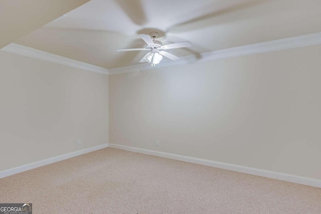 spare room with ceiling fan, ornamental molding, and carpet