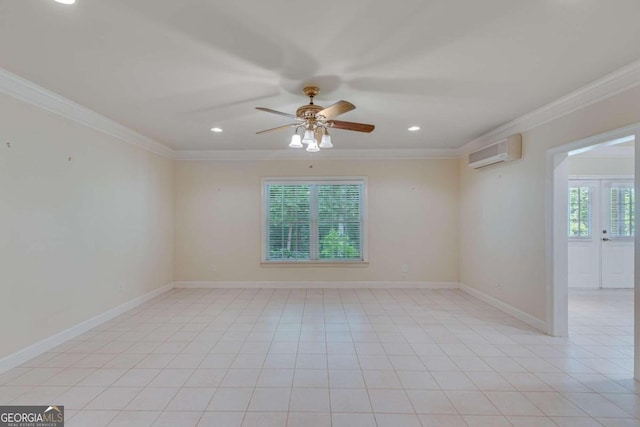 tiled empty room featuring an AC wall unit, ceiling fan, crown molding, and a healthy amount of sunlight